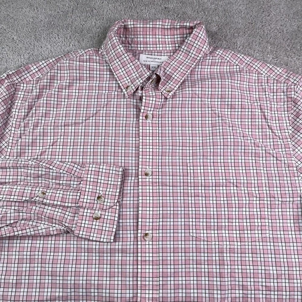 Banana Republic Shirt‎ Mens 2XL XXL Pink Checkered Slim Fit Untucked Cotton